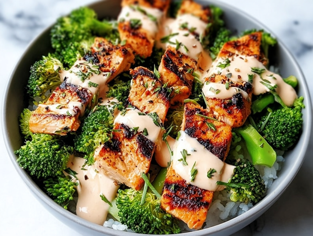 Chicken & Broccoli Bowls with Creamy Garlic Sauce Recipe